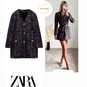 NWOT Zara Womens Tweed Gold Button Textured Long Coat Multicolored Wool Size S